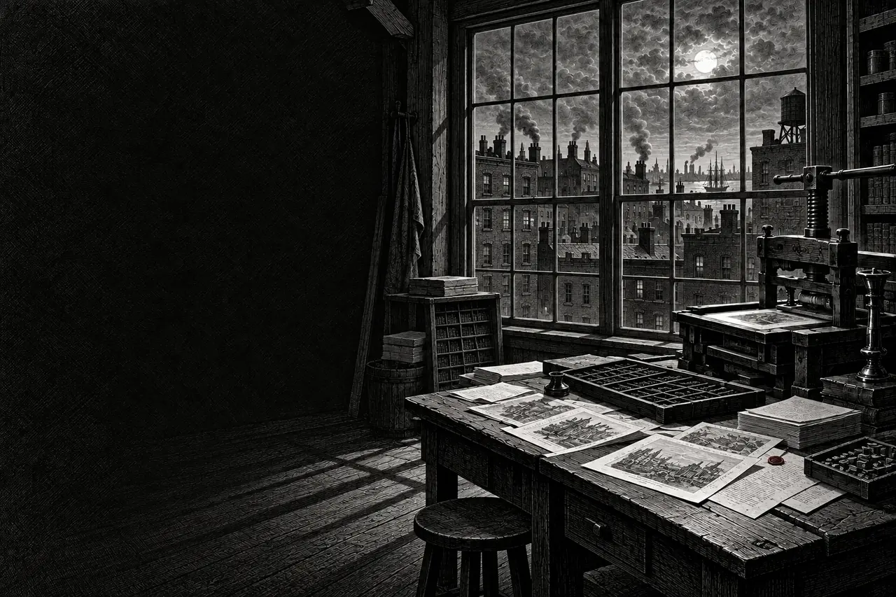 An engraving-style editorial illustration of a nineteenth-century printing workshop