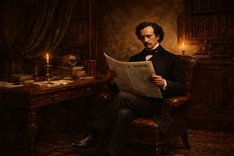 Edgar Allan Poe Reading the Evening Mirror — Artistic Interpretation