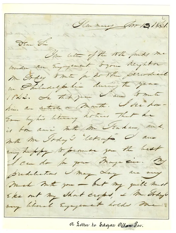 Letter from Nathaniel Parker Willis to Edgar Allan Poe — Page 1 (November 13, 1841)